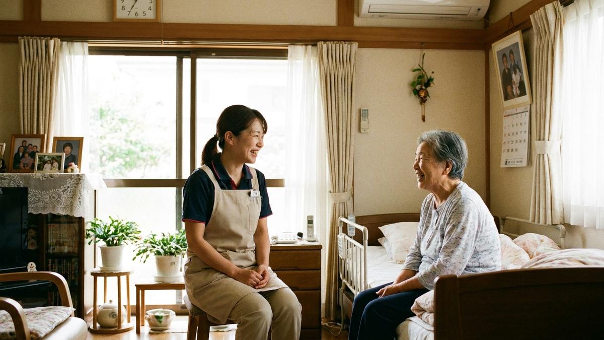 訪問看護師が利用者の自宅でコミュニケーションを取っている様子
