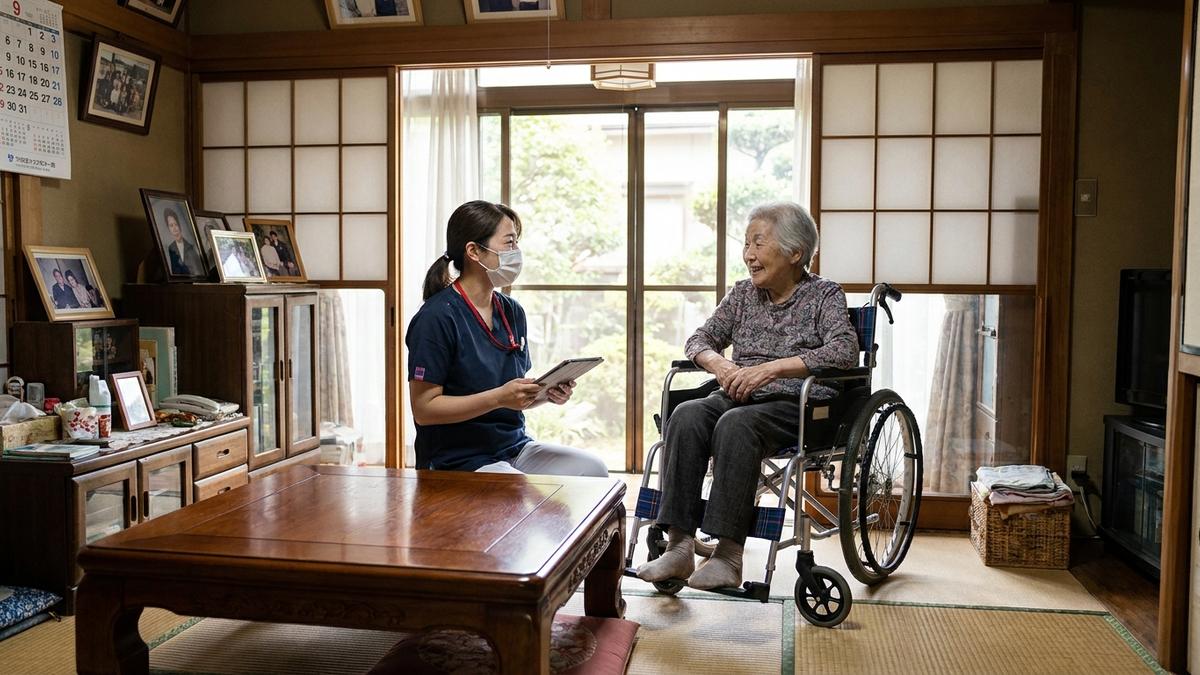 急性期から転職した訪問看護師が患者宅でケアを行う場面
