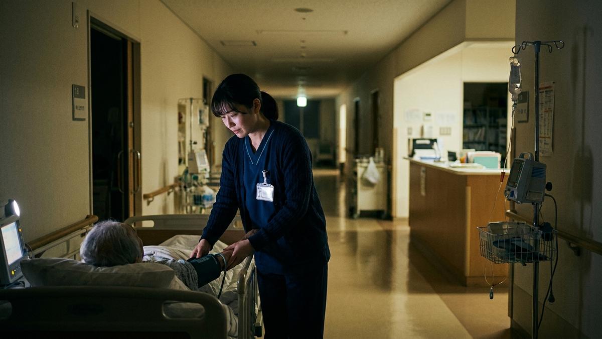 夜勤専従看護師が夜間病棟で患者のバイタルチェックをしている様子