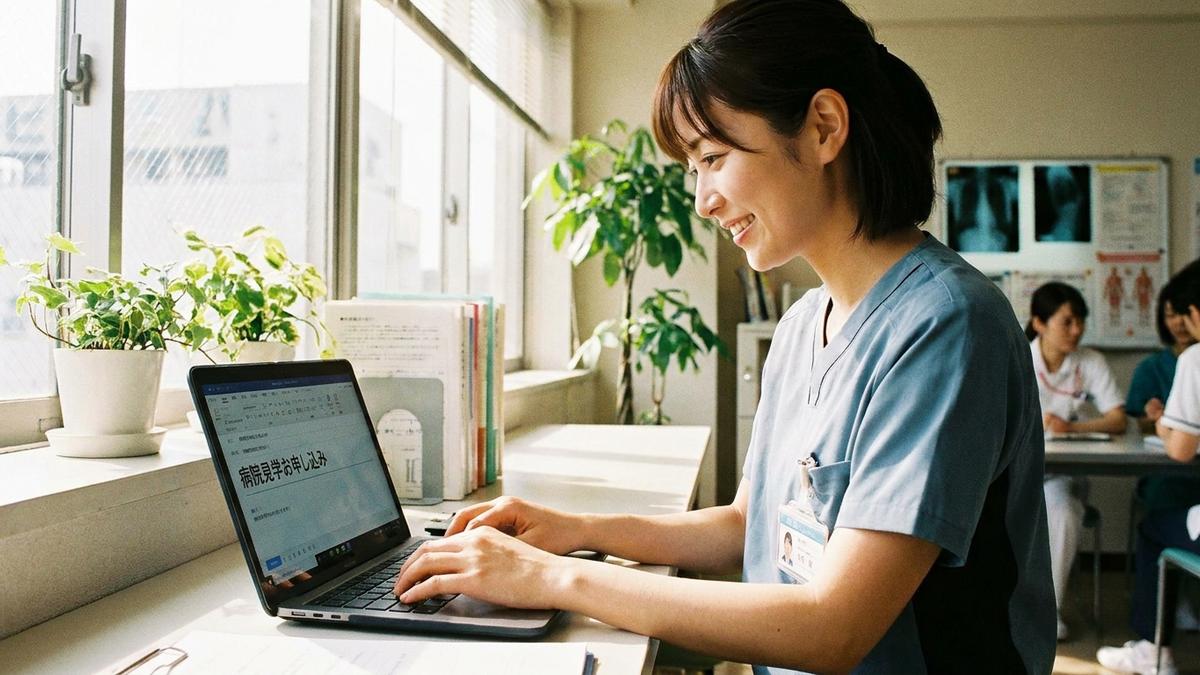 看護師が病院見学の申し込みをパソコンで行っている