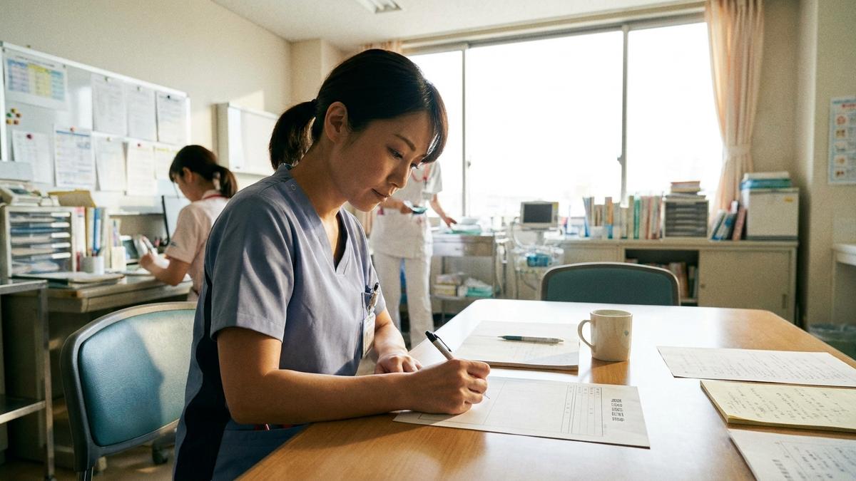 職務経歴書の基本情報を記入する看護師