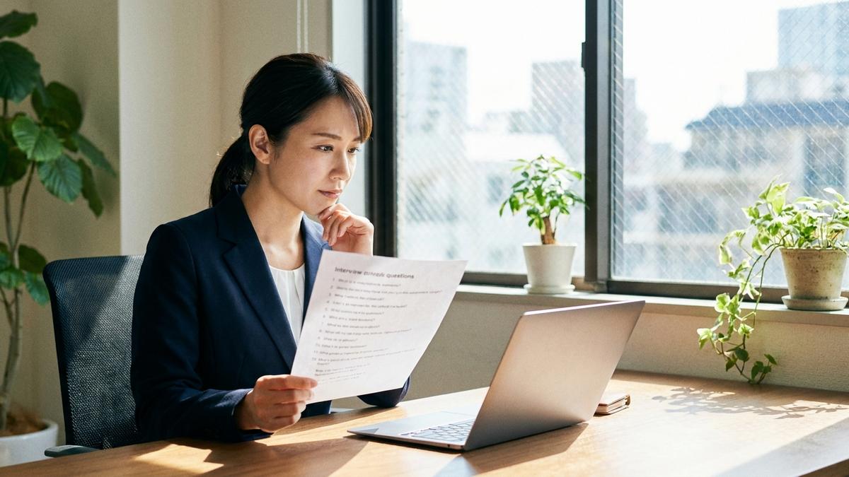 訪問看護ステーションの面接でチェックリストを確認する看護師