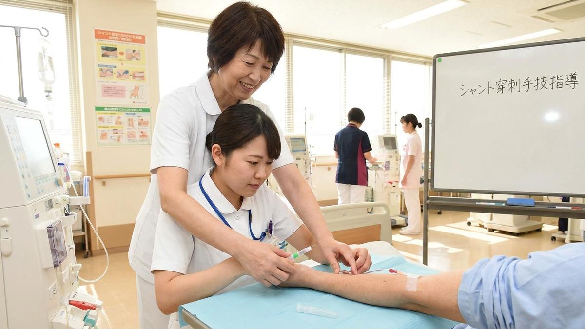 透析室で穿刺技術の指導を受ける看護師