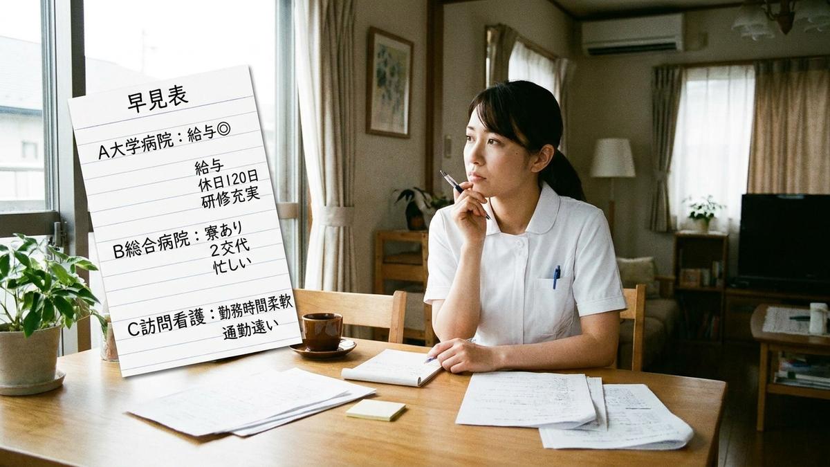 ICU看護師が転職先の適性を早見表で確認するイメージ
