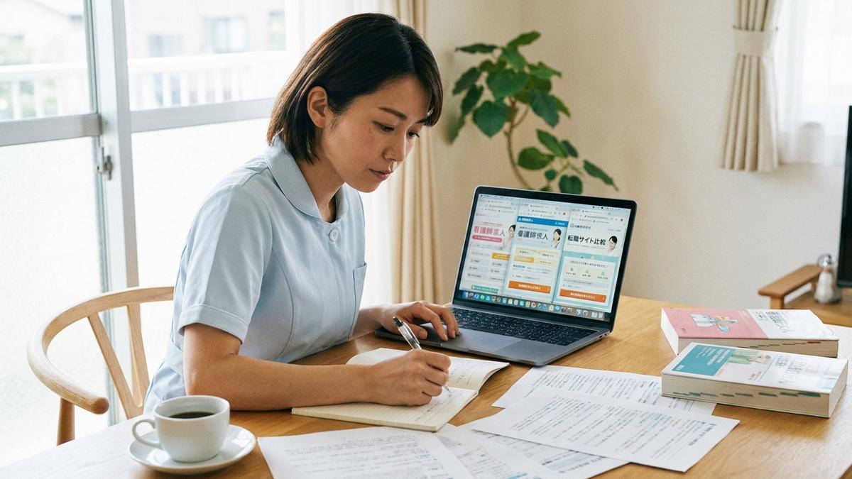 転職サイトで求人情報を調べるICU看護師のイメージ