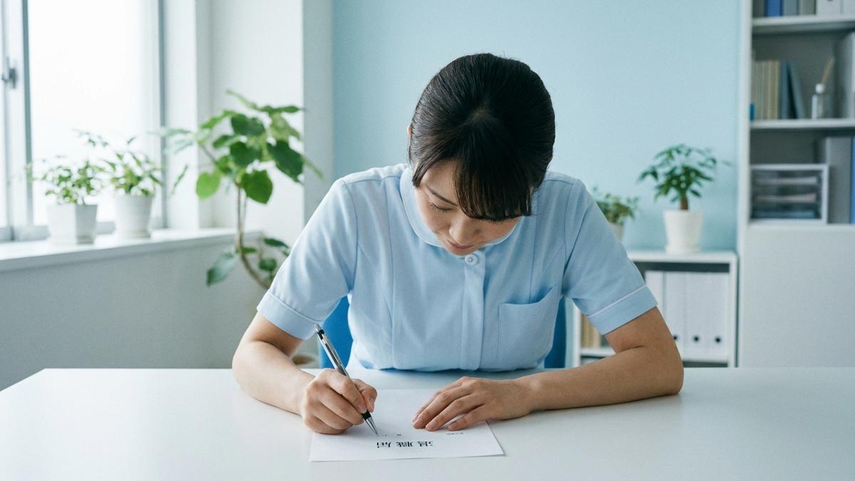 看護師が退職届を書いている様子
