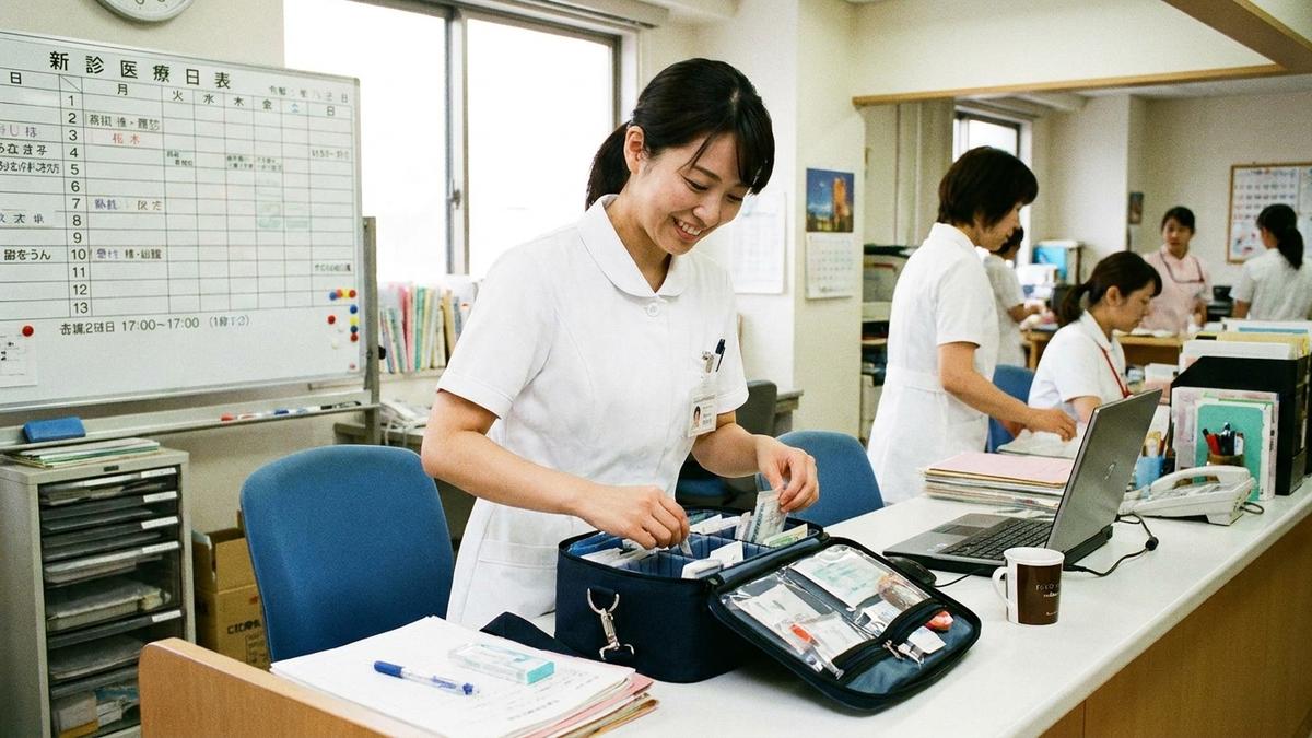訪問看護師が医療バッグに物品を準備している様子