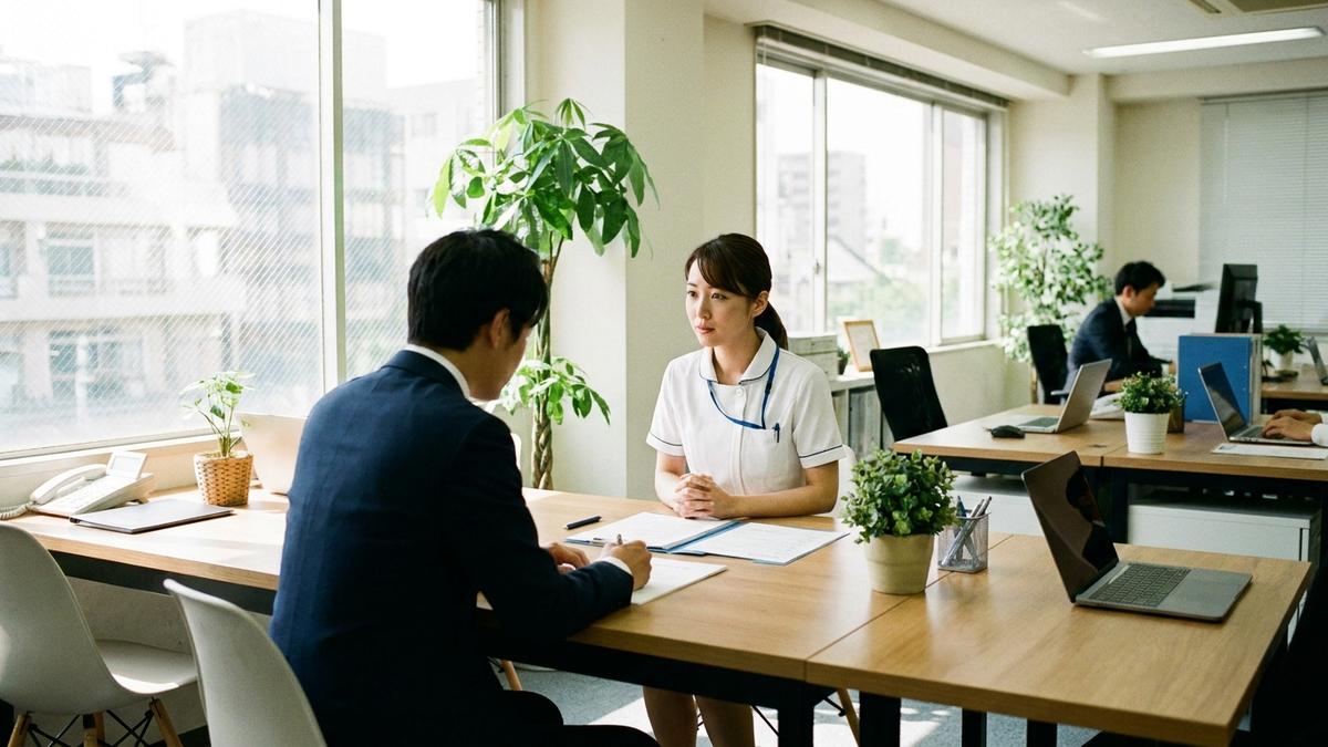 派遣看護師の雇用契約について説明を受ける日本人看護師