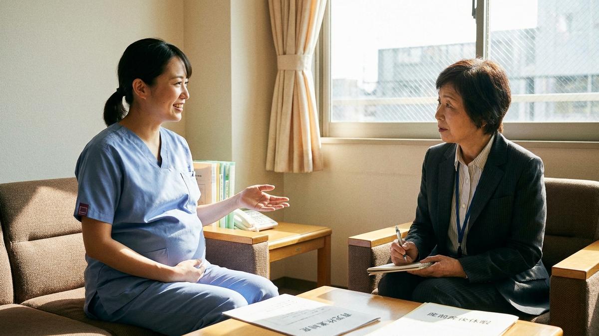産休育休や同一労働同一賃金について相談する派遣看護師