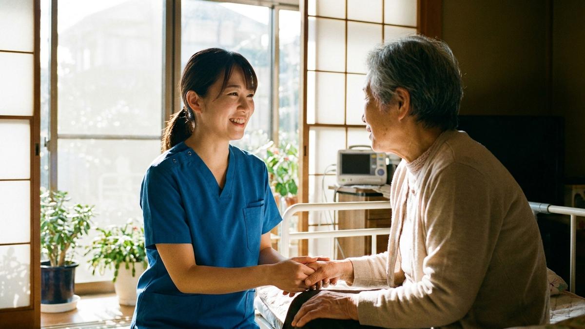 訪問看護の現場で患者と話す看護師