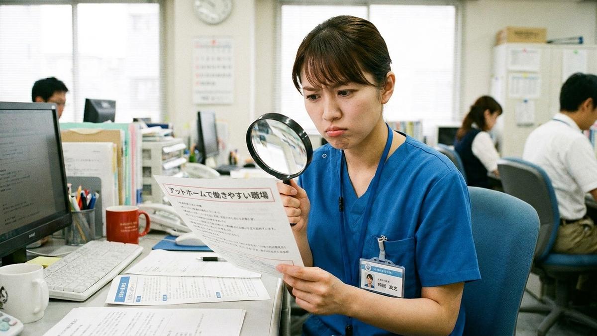 求人票の曖昧な表現を確認する看護師