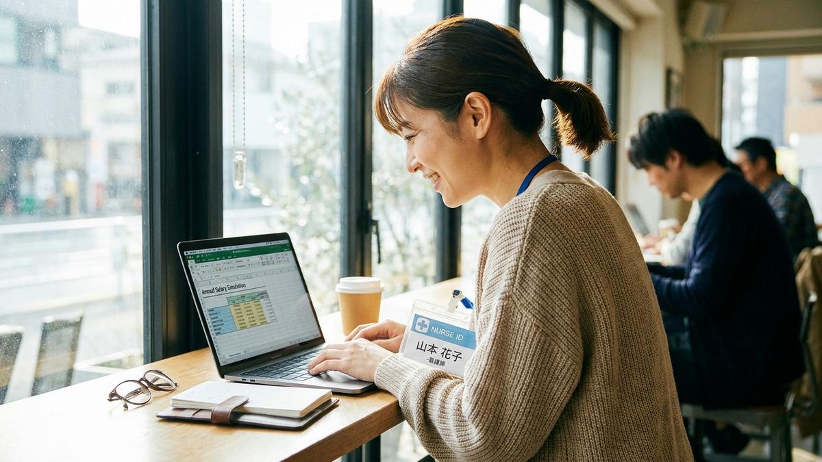 手取り早見表で年収シミュレーションを行う看護師
