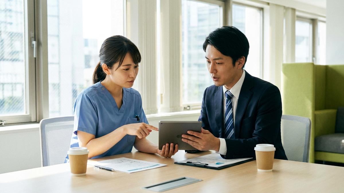 求人票の給与欄を確認しながら転職相談する看護師