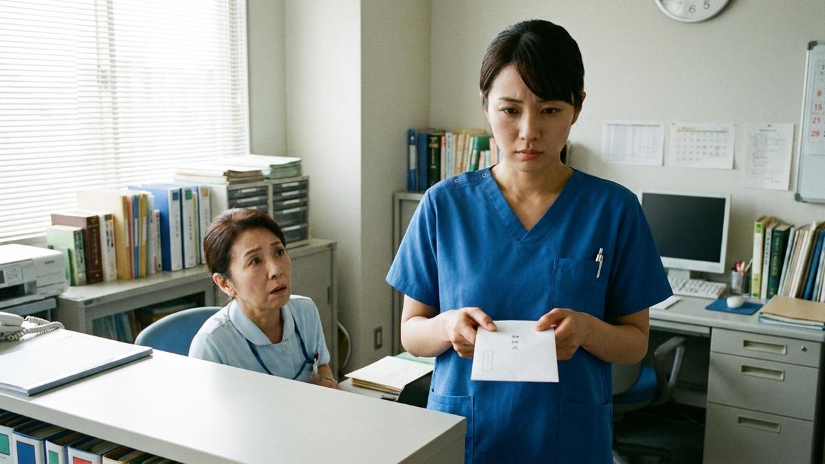 上司に退職届を手渡しする看護師