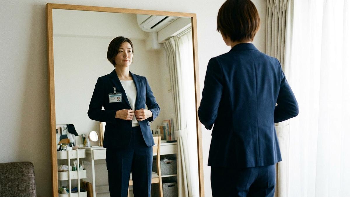 スーツが用意できない場合のセットアップコーデを確認する看護師