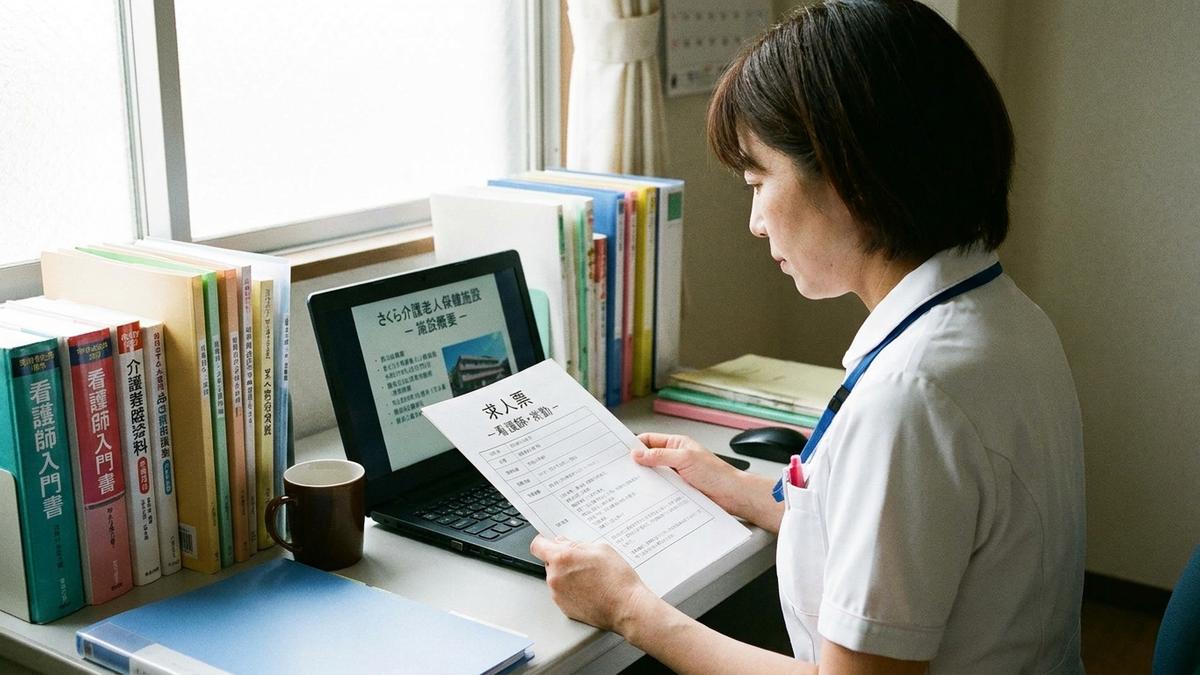 デイサービスの求人票を確認する看護師
