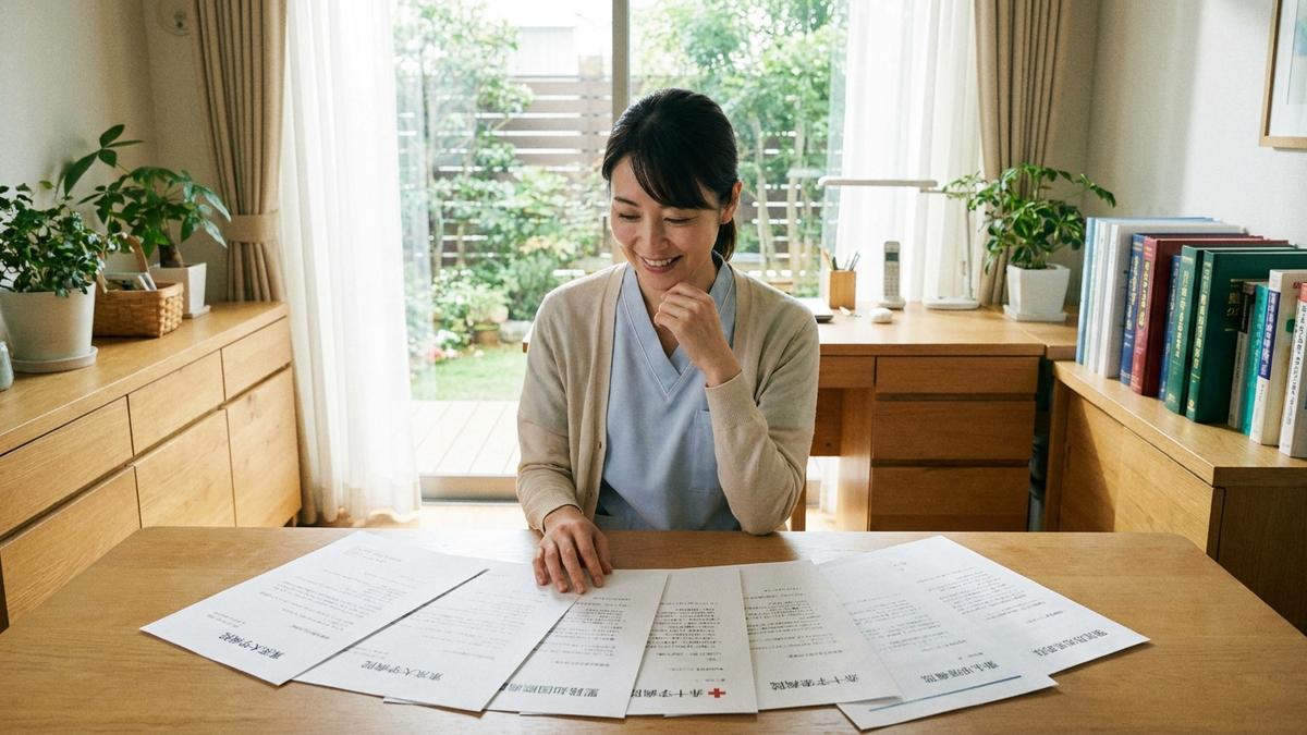 複数の内定通知書を比較する看護師