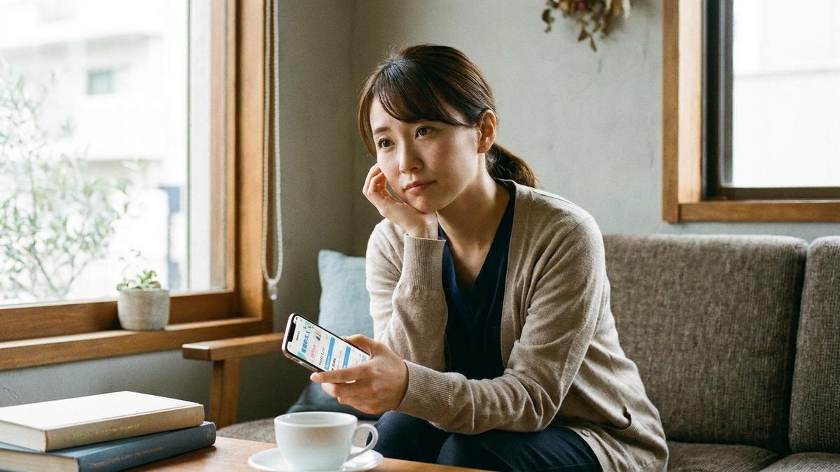 転職サイトの求人情報を検討する看護師の写真