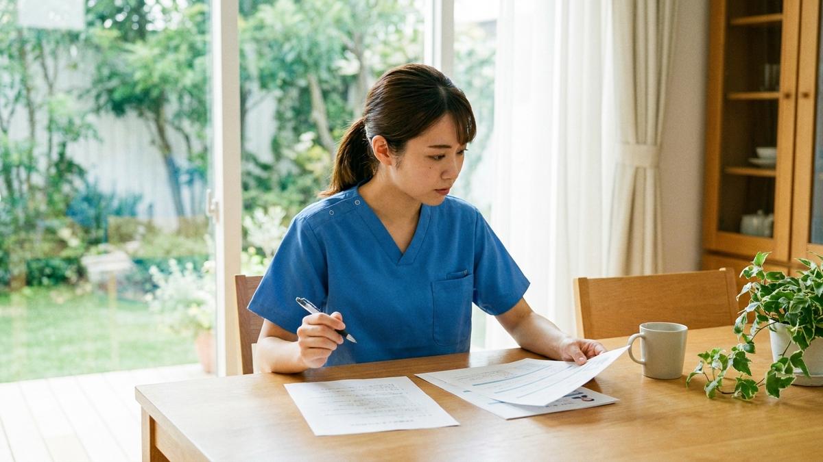 中途採用の筆記試験対策をする看護師