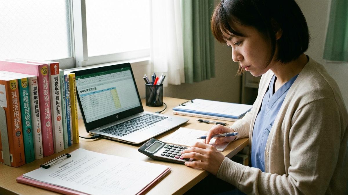 看護師が資格取得の費用を計算している様子