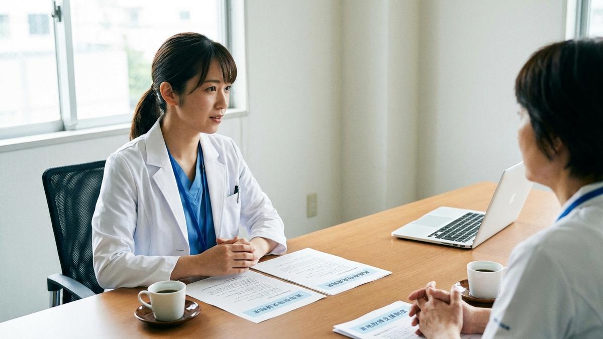 看護師が病院の資格取得支援制度について相談している様子