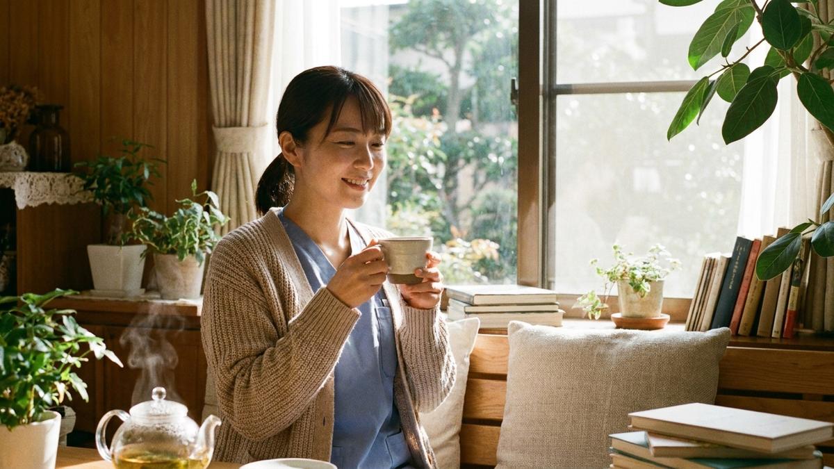 休息を取りセルフケアをする看護師の様子